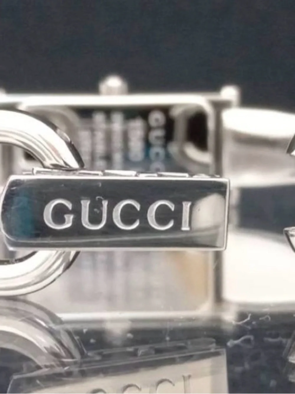 Gucci Silver-Tone Rectangular Dial Watch with Black Strap